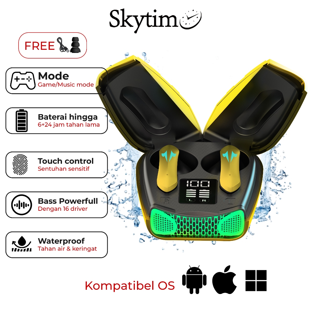 8K7V Skytime Bumblebee Gaming Earphone Bluetooth No Delay Tampilan Led Baterai Bluetooth