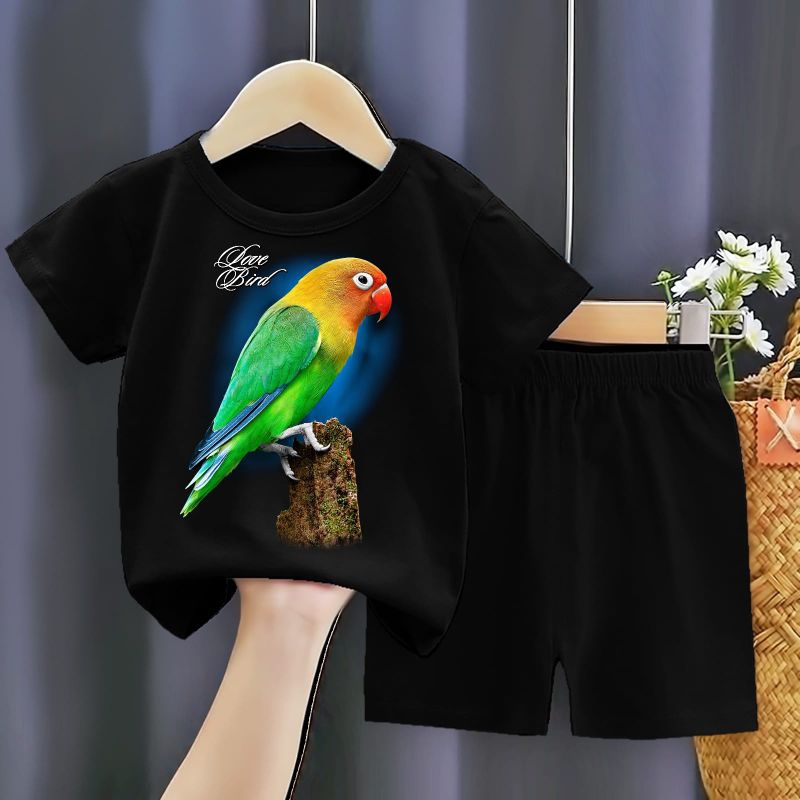 SETELAN HITAM MOTIF BURUNG LB LUV BIRD BULU HIJAU KEPALA KUNING SABLON DIGITAL DTF ONE SET BAJU CELA