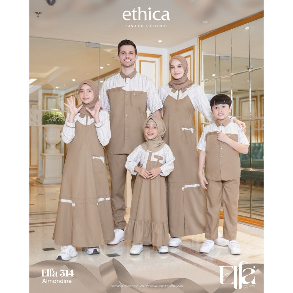Sarimbit Ethica Elfa 314 Almondine Sarimbit Keluarga Couple Keluarga Gamis Syar'i Elegan Serasi Baju