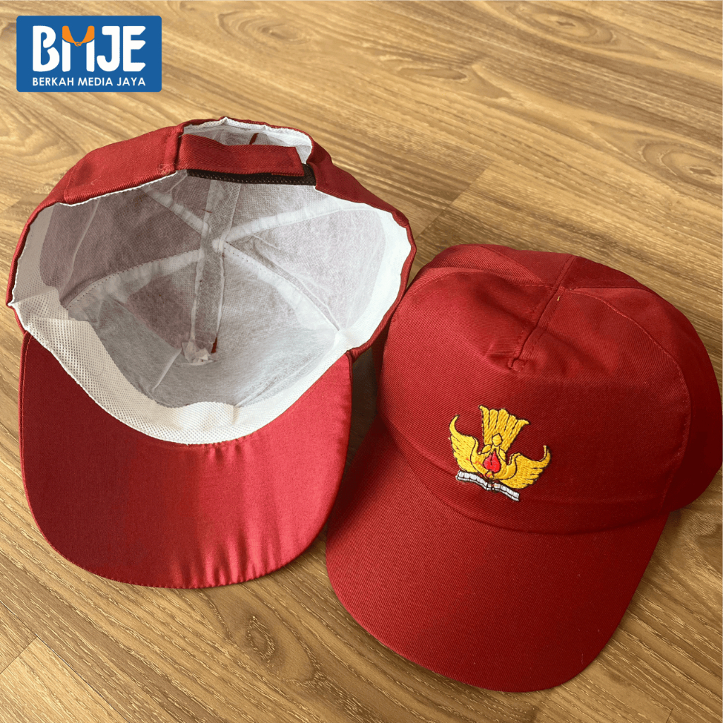 Topi SD Merah Logo Bordir Kain Drill