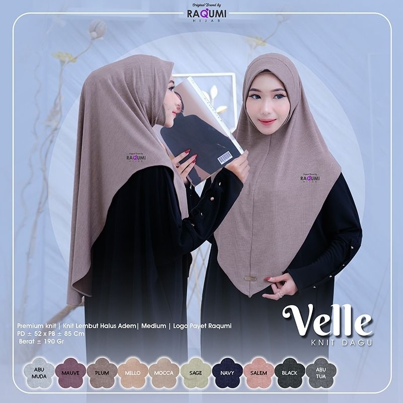 VELLE DAILY HIJAB KNIT, HIJAB DAGU KEKINIAN YANG VIRAL, SIZE STANDAR, LOGO PAYET RAQUMI