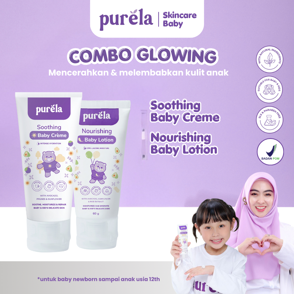 PROMO 3.3 Purela Combo Glowing Soothing Baby Creaam + Baby Lotion Perawatan Pemutih Kulit Bayi dan A