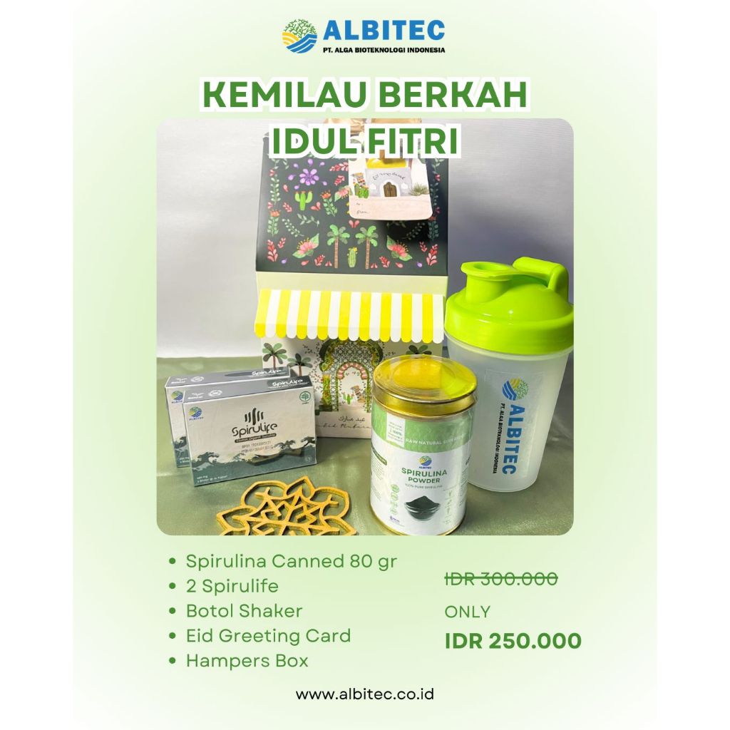 

ALBITEC Hampers Premium-Kemilau Berkah Idul Fitri (Spirulina Canned 80gr, 2 Spirulife, Botol Shaker)