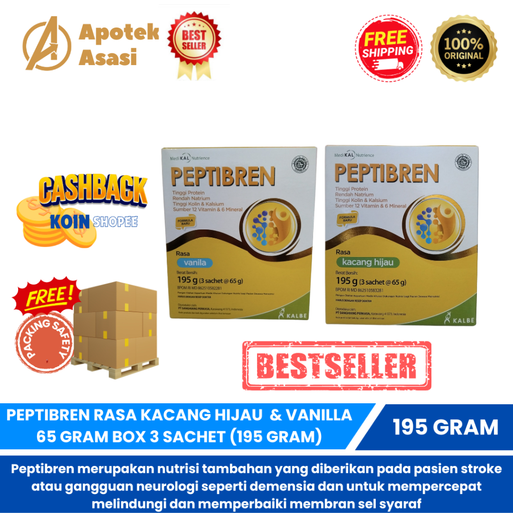 

PEPTIBREN RASA VANILLA & KACANG HIJAU 65 GRAM BOX 3 SACHET (195 GRAM) - Pasien Stroke dan Mencegah Pikun