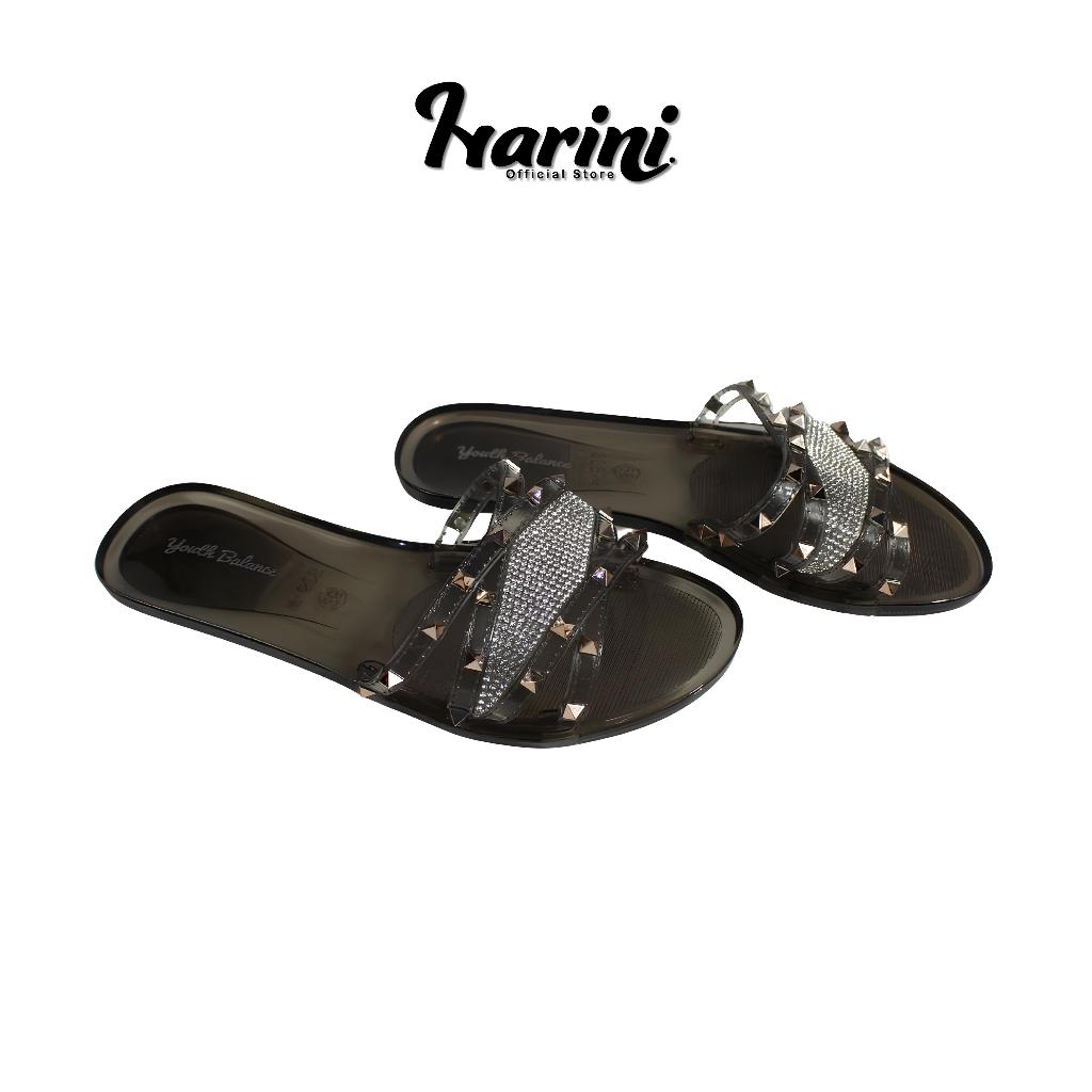 Sandal Selop Kaca Jelly Sendal Flat Teplek Wanita Anti Slip Model Piramid Strap Gold  W-608-3