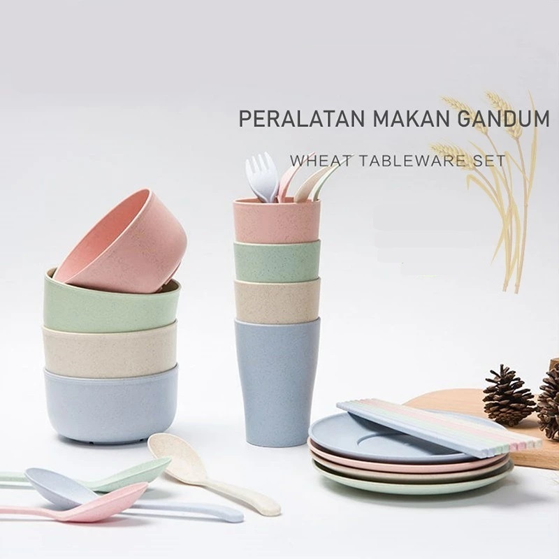 Mangkuk Set Jerami / Piring Jerami / Sendok Garpu Jerami / Cangkir Jerami /Gelas Bahan Jerami Gandum