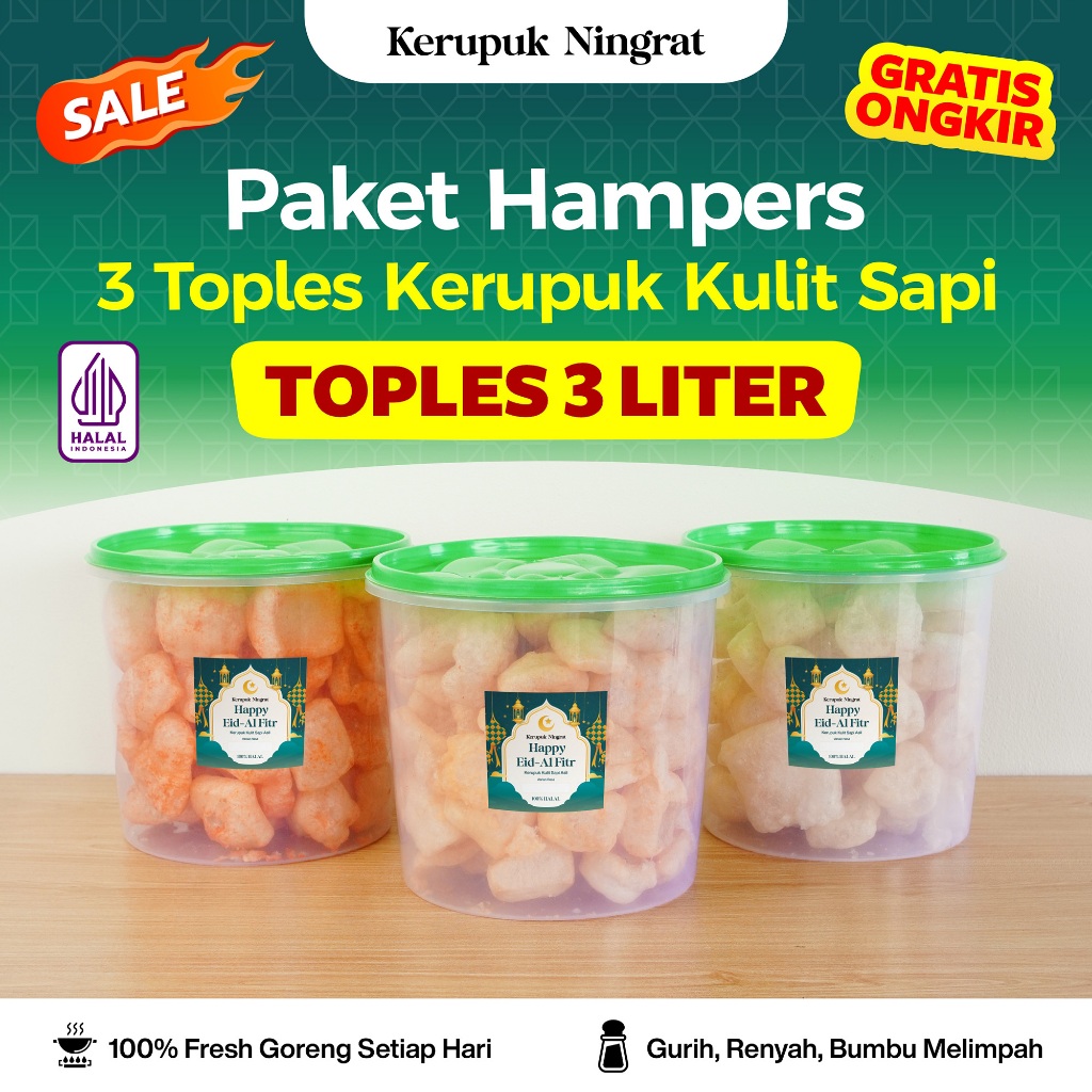 

PAKET HAMPERS LEBARAN 3 TOPLES KERUPUK KULIT TOPLES 3 LITER VARIAN RASA ORI ASIN GURIH, PEDAS DAUN JERUK, BALADO, BBQ, KEJU, BARBEQUE CEMILAN SNACK HALAL