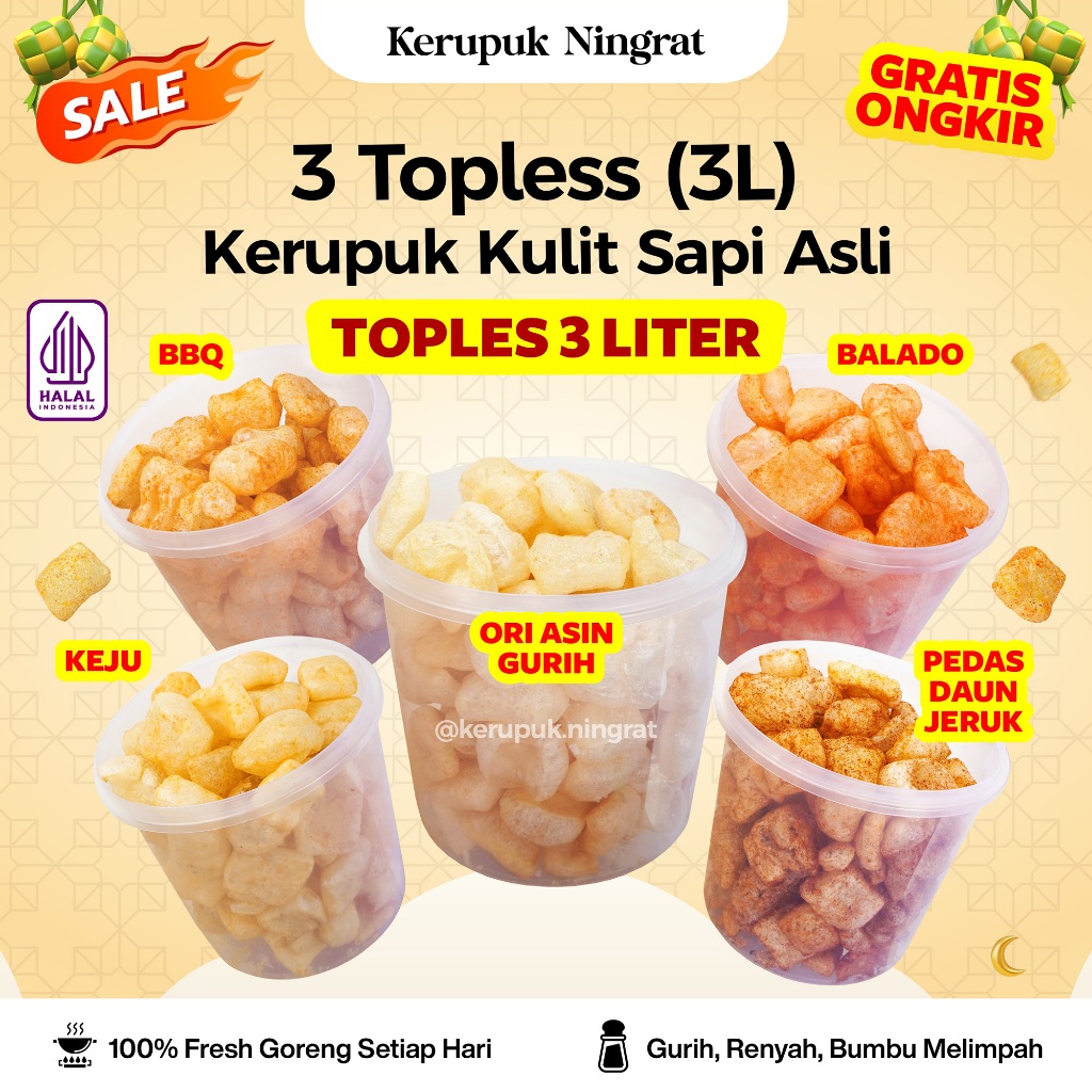 

KERUPUK KULIT TOPLES 3 LITER DAPAT 3 VARIAN RASA ORI ASIN GURIH, PEDAS DAUN JERUK, BALADO, BBQ, KEJU, BARBEQUE CEMILAN SNACK HALAL