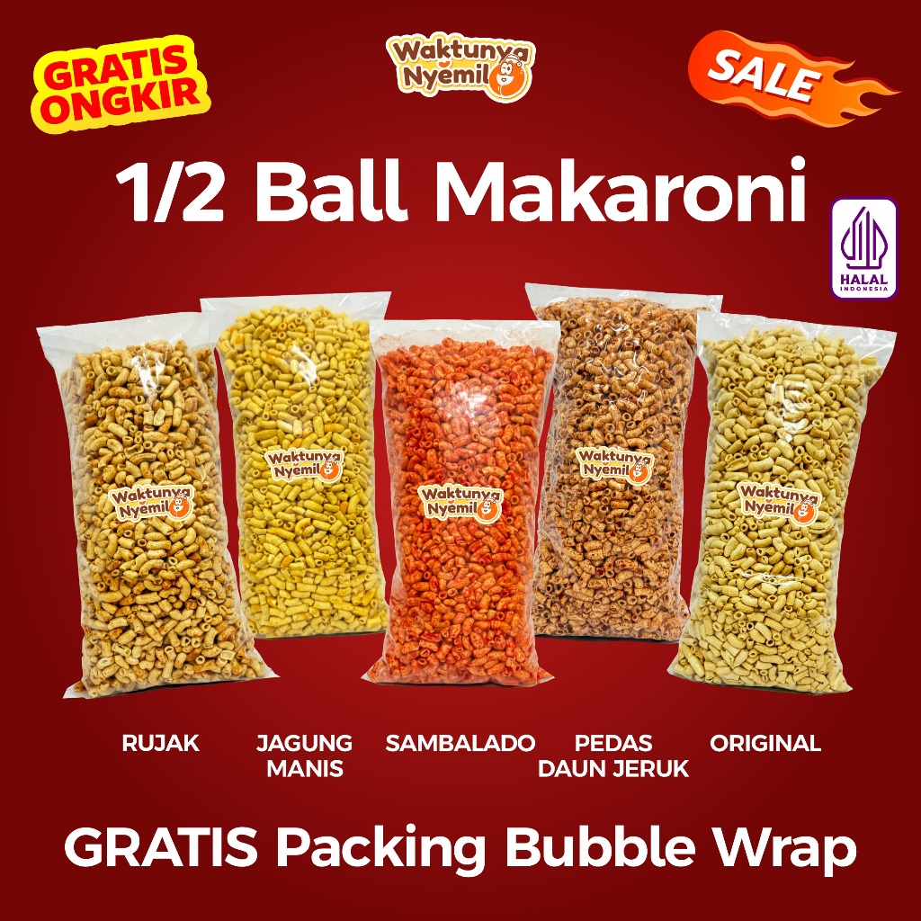 

1/2 BALL MAKARONI BANTAT 500GR RASA PEDAS DAUN JERUK, TOMYAM, ORIGINAL, BALADO, JAGUNG MANIS