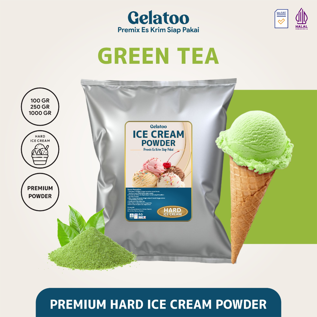 

Bubuk Es Krim Hard Ice Cream Powder Premium Rasa Green Tea Gelatoo Greentea 250 gram / 1 kg