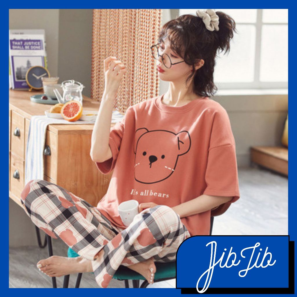 JIBJIB Baju Tidur Wanita Remaja Dewasa Piyama Set Baju Lengan Pendek Celana Panjang Setelan Kaos