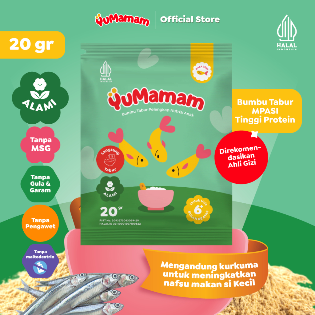 

YuMamam Bumbu Tabur MPASI Praktis | Alami Tinggi Protein & Kurkuma Penambah Nafsu Makan - NON MSG | Rasa Teri (20 gr)