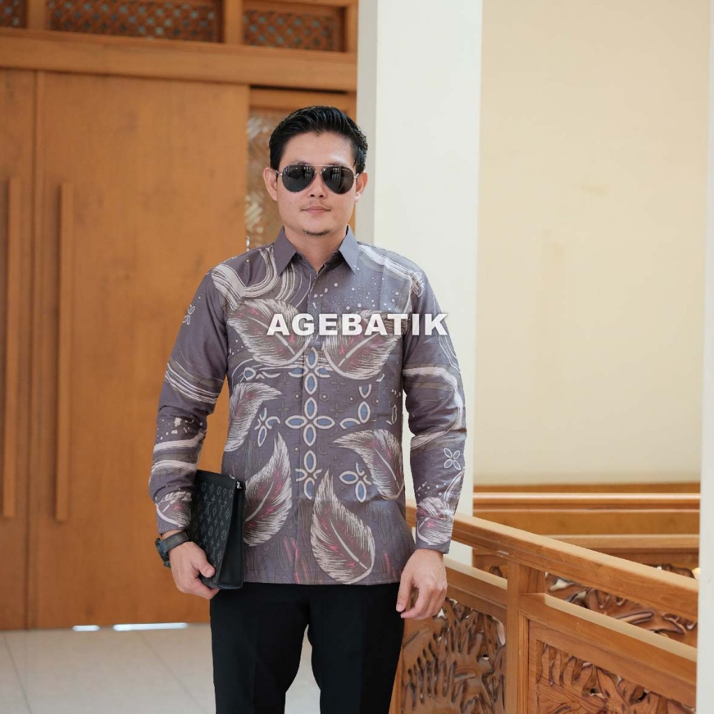 AGEBATIK AGE104 - Kemeja Batik Pria Lengan Panjang Pendek - Slim Fit Motif Daun Abu - Katun Premium