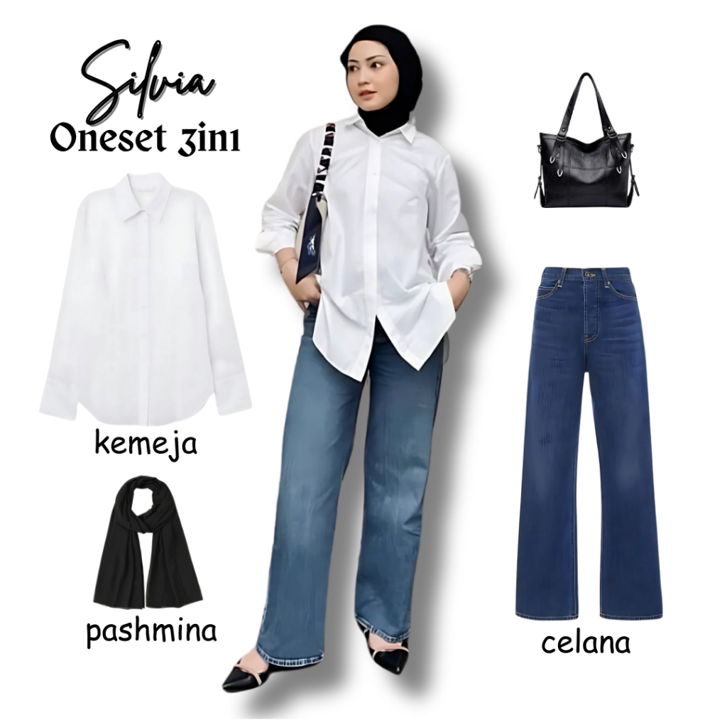 oneset 3in1 atasan kemeja polos putih celana jeans kulot highwaist dark blue pashmina ceruty hitam |