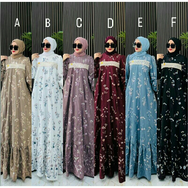 Nabila Gamis Mewah Bahan Katun Full Bordir Timbul