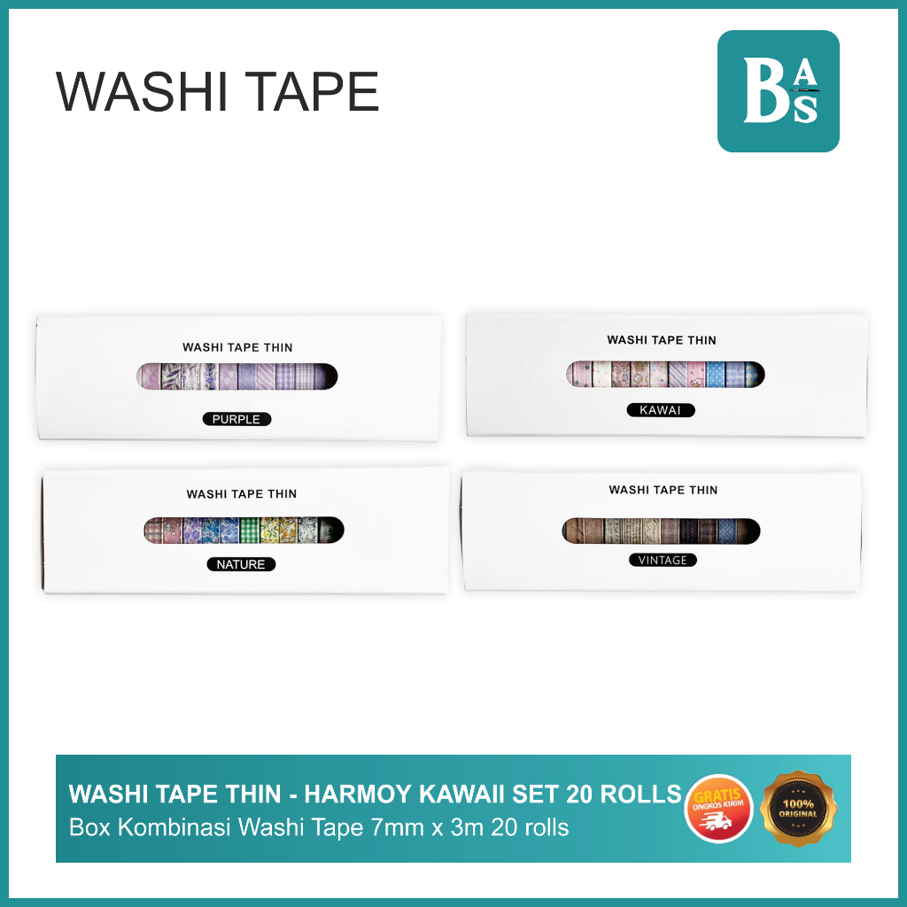 

Washi Tape Thin - Harmony Kawai Set 20 Rolls - Set Kombinasi Washi Tape 7mm x 3m - Bali Art Supplies