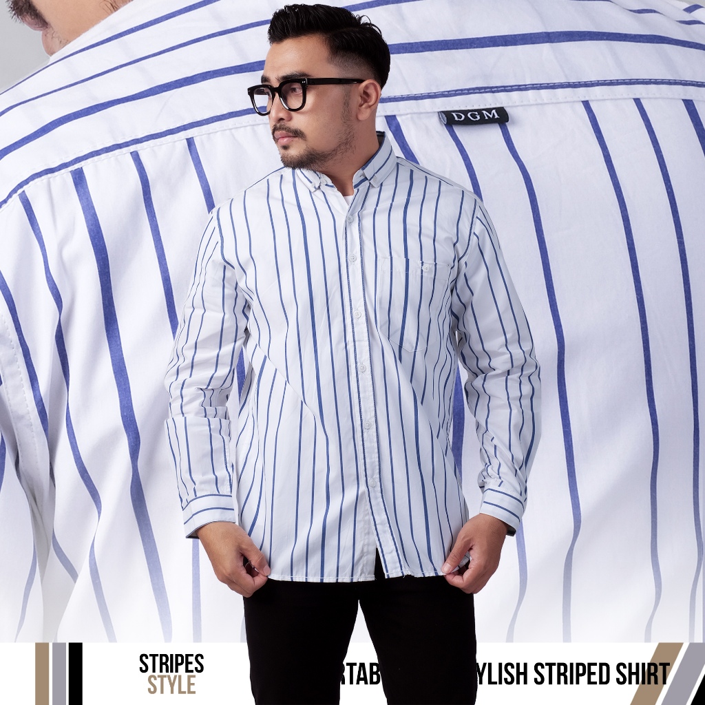 DGM Kemeja Pria Salur Lengan Panjang Premium Kemeja Stripe Pria Kemeja Garis Pria Slimfit Garis Biru