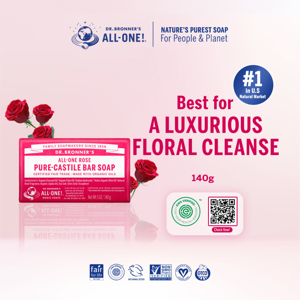 Sabun batang Rose Pure Castile Bar Soap Dr. Bronner's 140 g