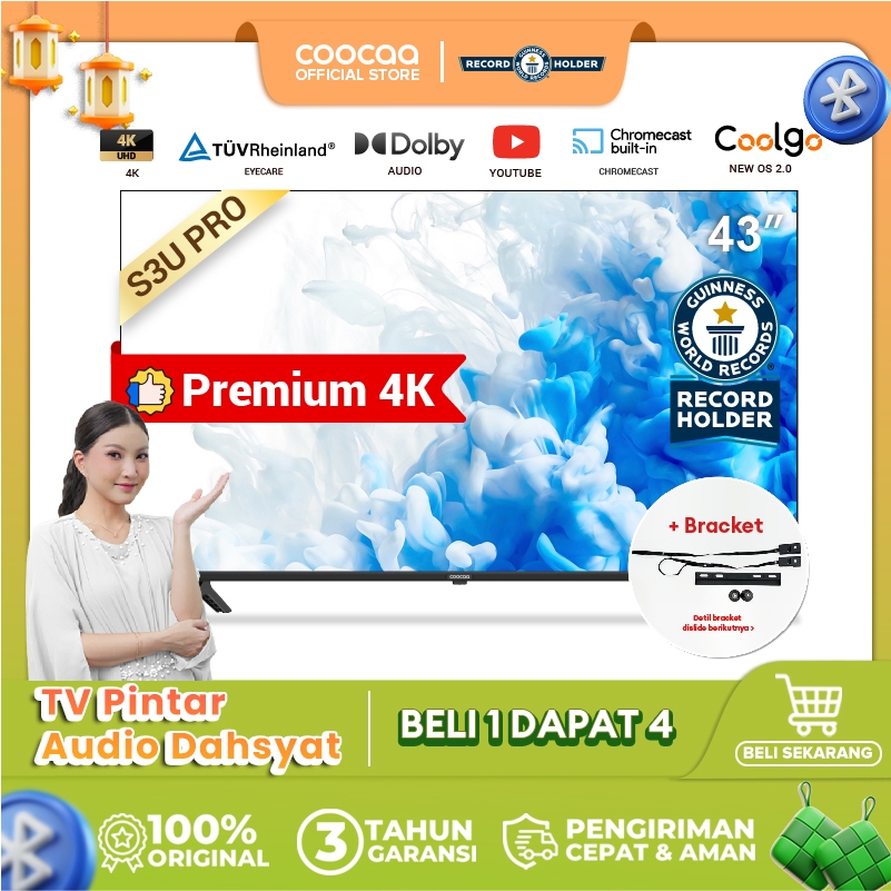 [+ BRACKET] COOCAA 43 inch Smart TV - Digital TV - 4K - UHD - Dolby Audio - Youtube - Mirroring - Bo