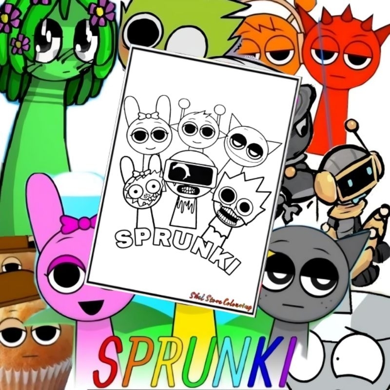 Kertas Mewarnai Gambar Anak Tema Sprunki (10 Lembar Gambar) Kertas Gambar Tebal / Kertas Mewarnai Sp