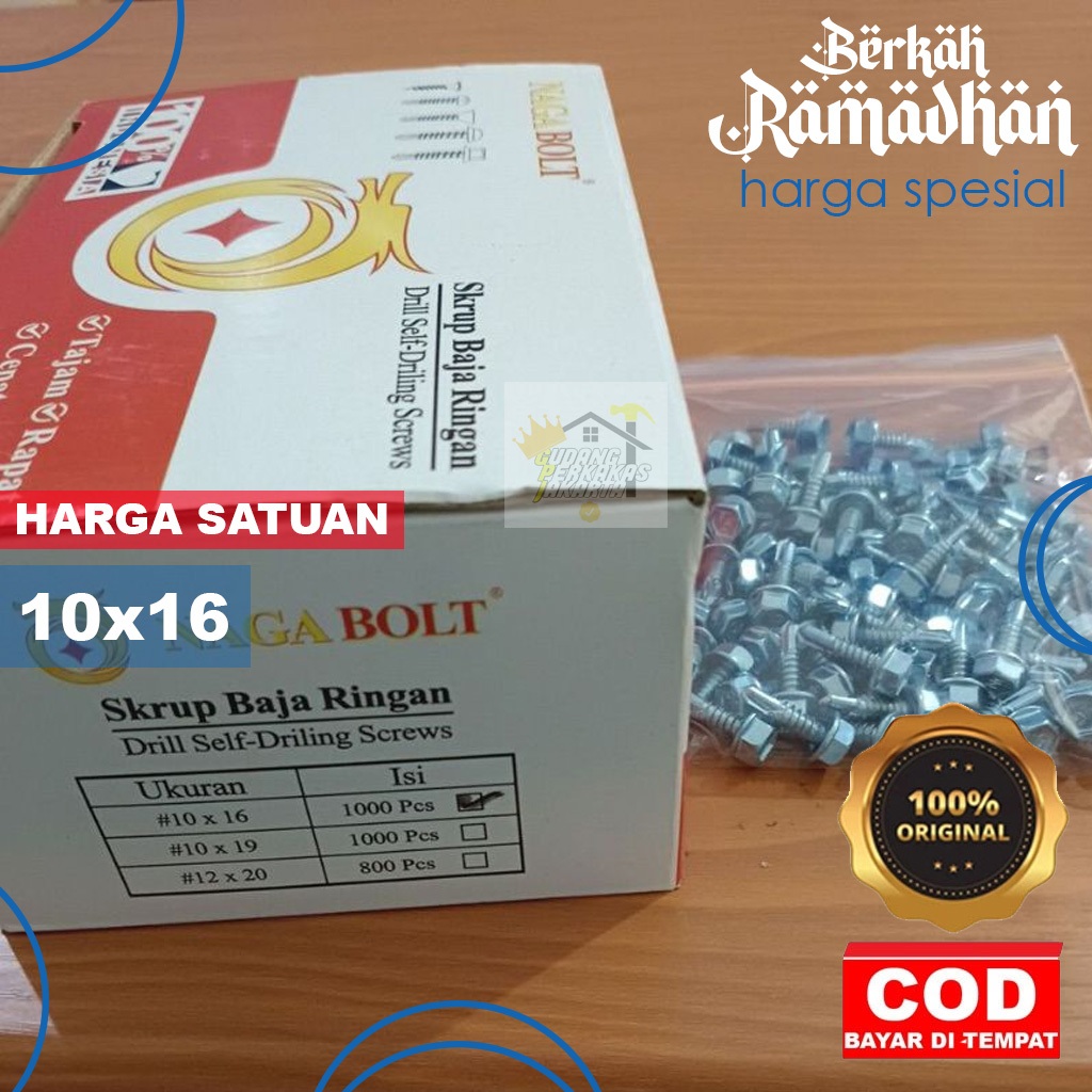 (10X16) BAUT BAJA RINGAN - SEKRUP ROOFING 10X16 - BAUT SHOCK HEX 8MM - BAUT ROOFING - SKRUP DRILLING
