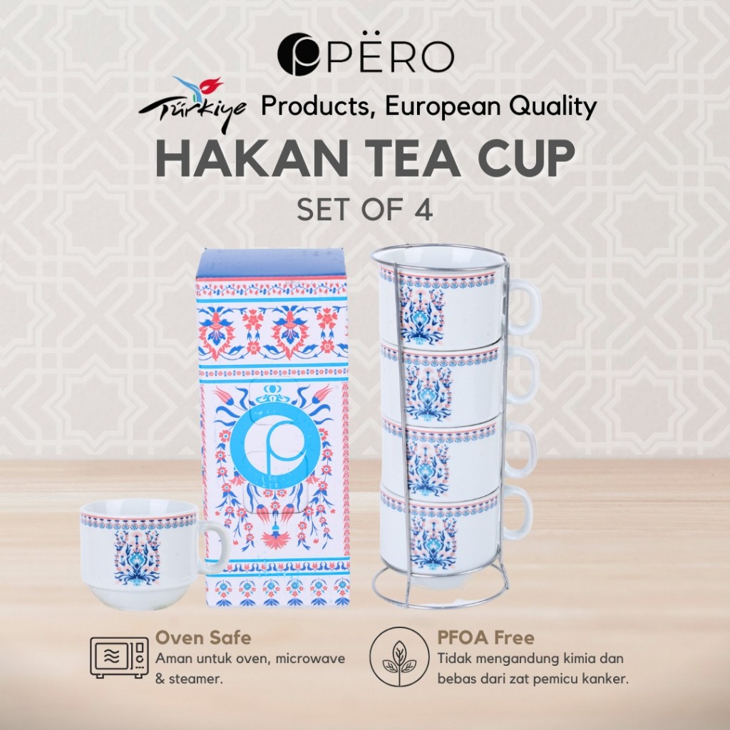 Pero Turkish Tea Cup Set of 4 With Stand Porclaine / Gelas Keramik Isi 4pcs dengan Rak Gelas / Gelas