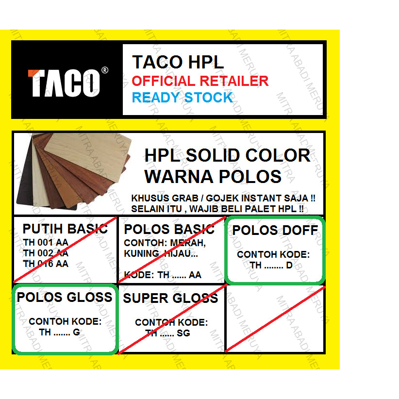 TACO HPL WARNA POLOS / SOLID COLOR KODE G / D