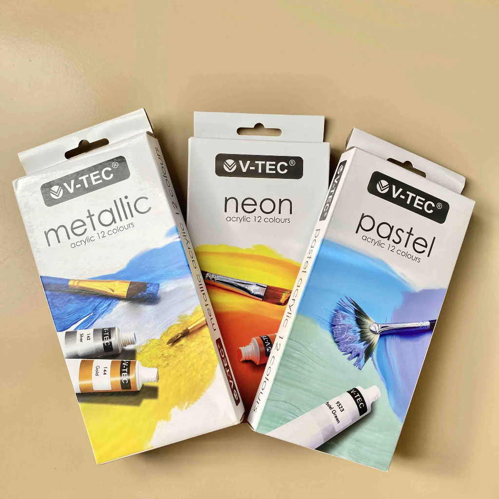 

CAT AKRILIK SET 12 WARNA 6ML V-TEC ACRYLIC COLOR PASTEL NEON METALIC