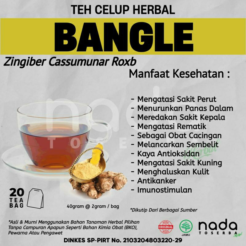 

Teh Celup Herbal BANGLE / PANGLAY Isi 20 Tea Bag | Maag, Panas Dalam & Sembelit | Zingiber Cassumunar Roxb