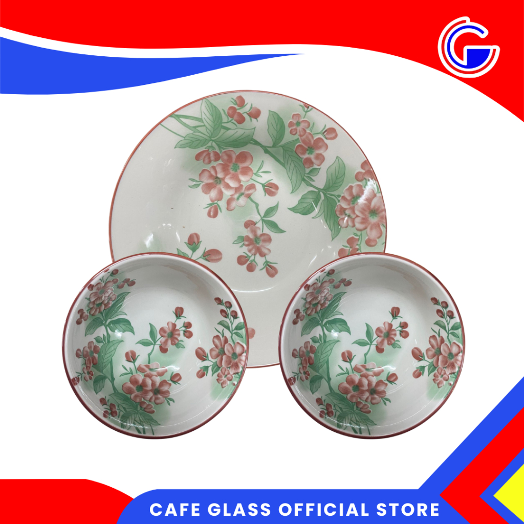 SET MANGKUK PIRING KERAMIK - MOTIF BUNGA MERAH PUTIH JEPANG - HAMPERS LEBARAN