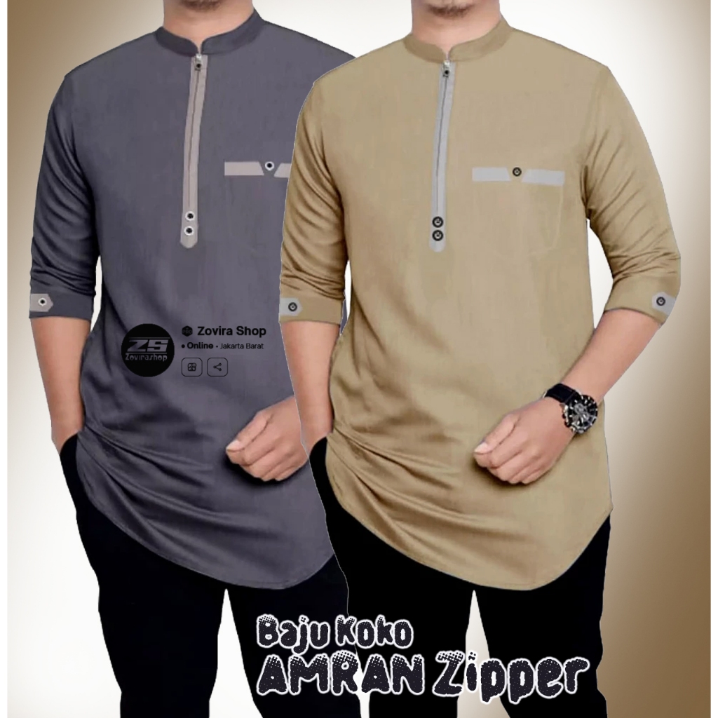 Baju Koko AMRAN Zipper depan Aktif Bahan Katun Toyobo Premium Import Terbaru