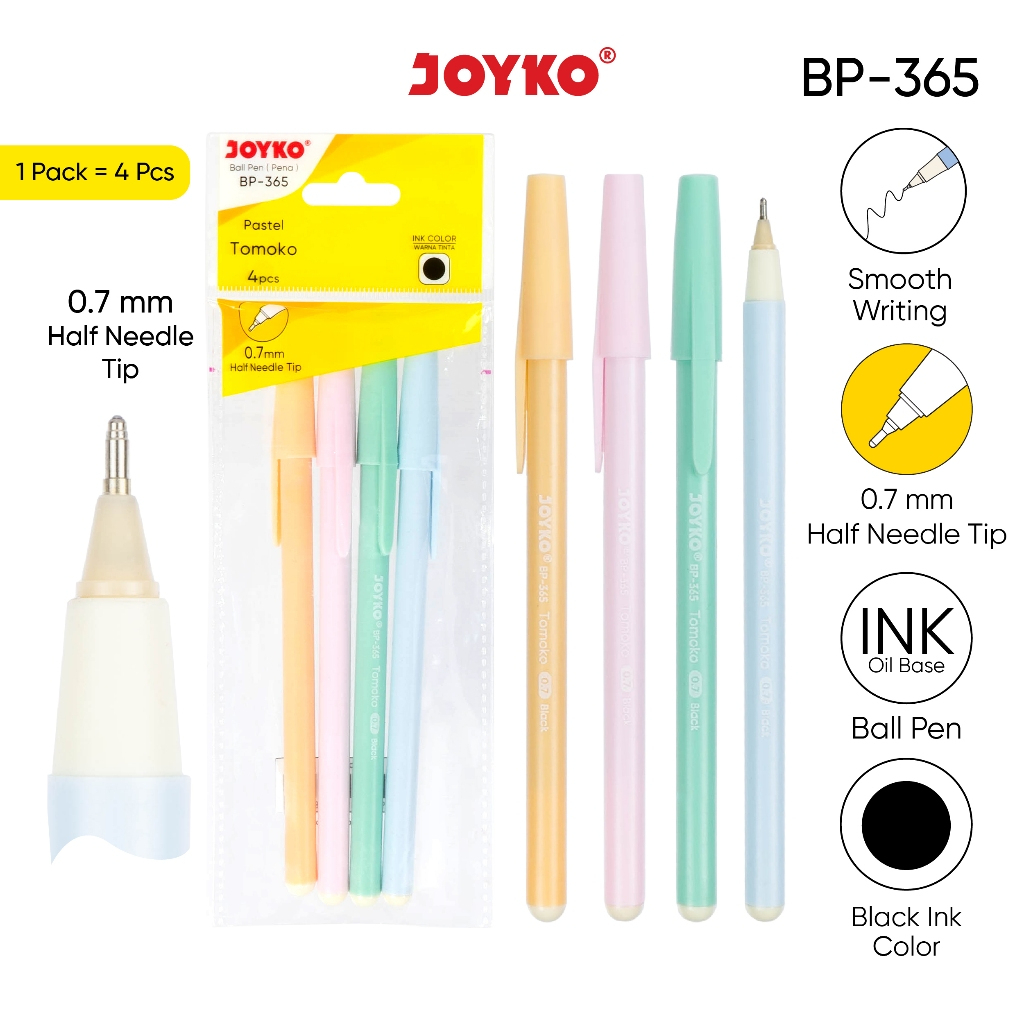 

( 1 Pack 4Pcs ) Pulpen Joyko Pastel Tomoko 4Pcs 0.7mm / Bolpoin Pena Joyko Murah BP-365