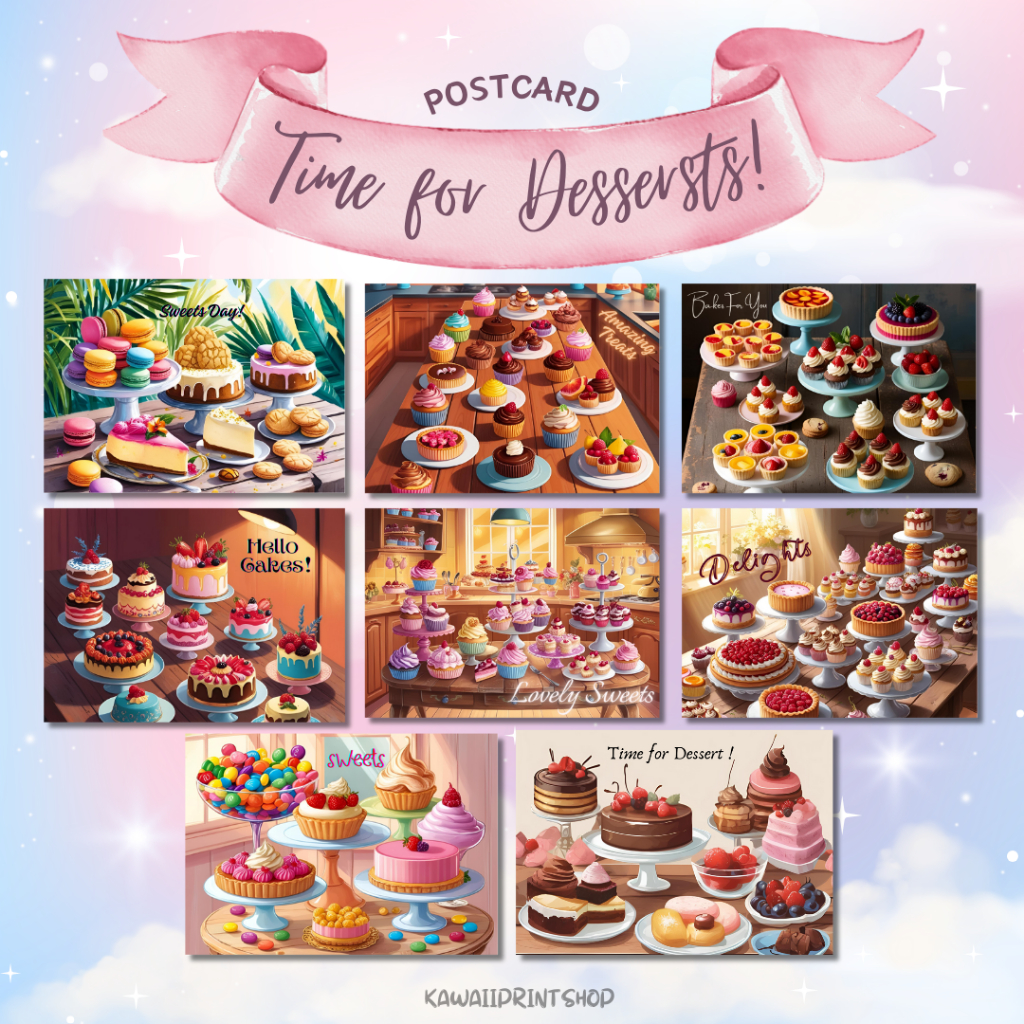

Desserts Cakes Cupcakes Illustrations Postcard | Kartu Pos Gambar Ilustrasi Kue Manisan Gula Unik | Sweets Cake Dessert Postcrossing Card
