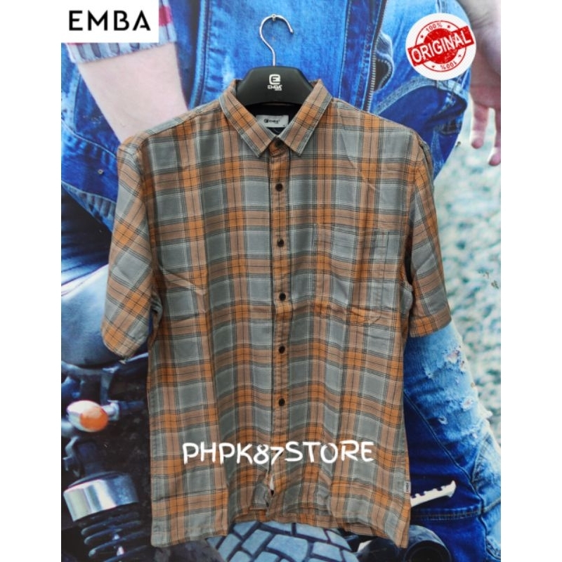 Kemeja pendek pria kotak-kotak Emba Denim,kemeja pendek original