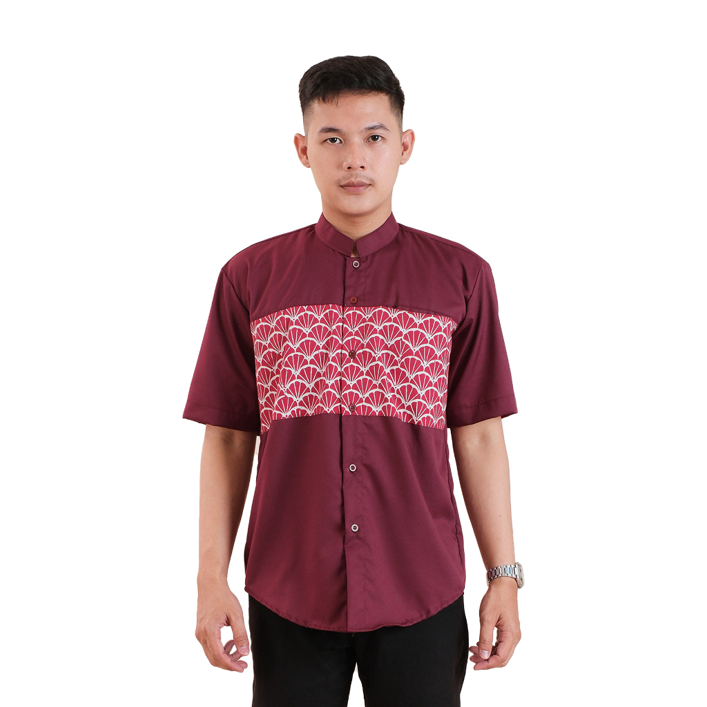 Baju Koko / Muslim Rahman Lengan Pendek Toyobo Batik Merah Maron / Marun / Maroon