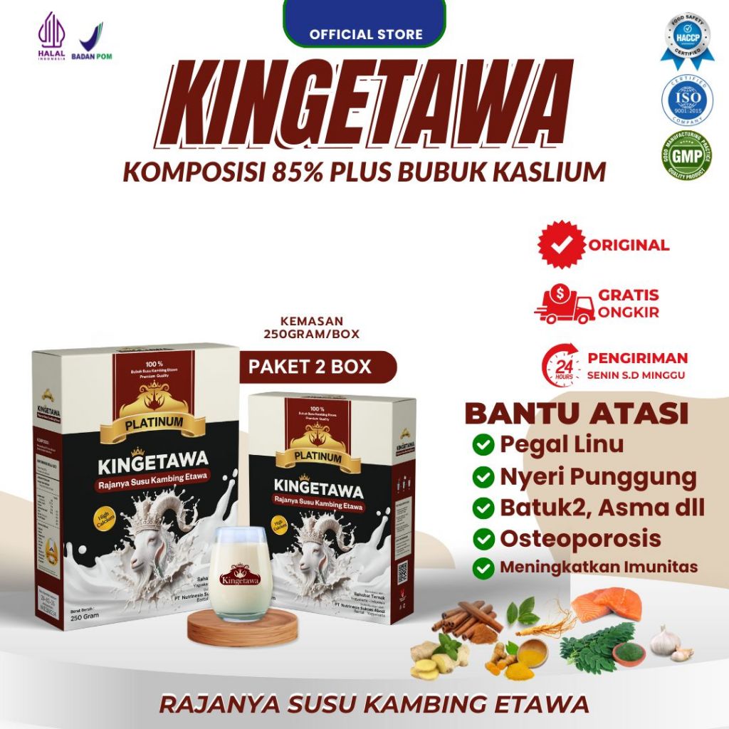 

(Kemasan box) Kingetawa Platinum Susu Bubuk Kambing Etawa Grade Premium Untuk Keluhan Pegal Linu dan Pernafasan Kemasan Paket 2 Box