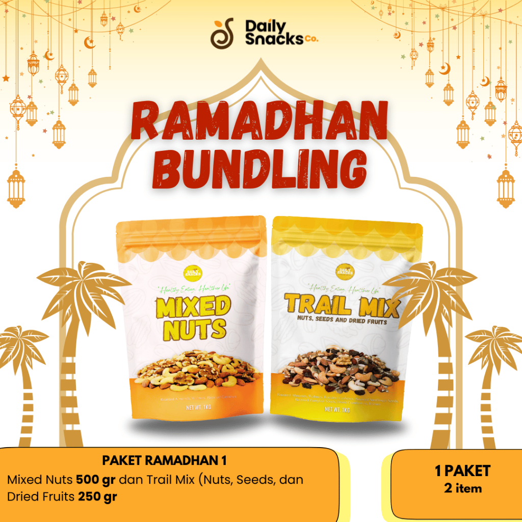 

[BUNDLE RAMADHAN 1] DAILY SNACKS MIXED NUTS 500 GR + TRAIL MIX NUTS, SEEDS, AND DRIED FRUITS 250 GR