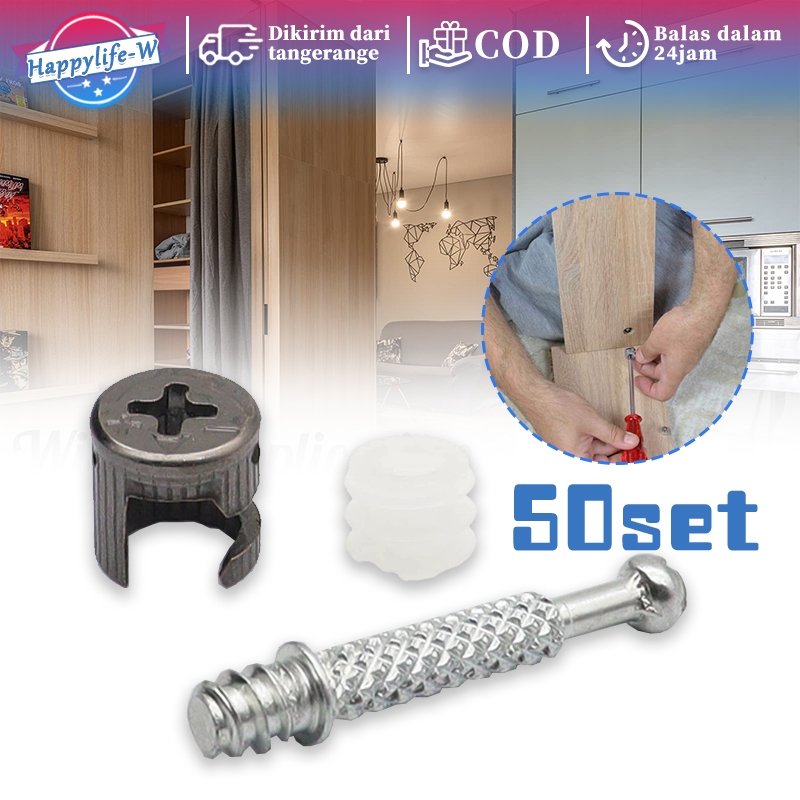 Baut Knock Down Minifix 50set Sambungan Kayu Socket Furniture 3 In 1 Minifix Baut Knock Down Skrup