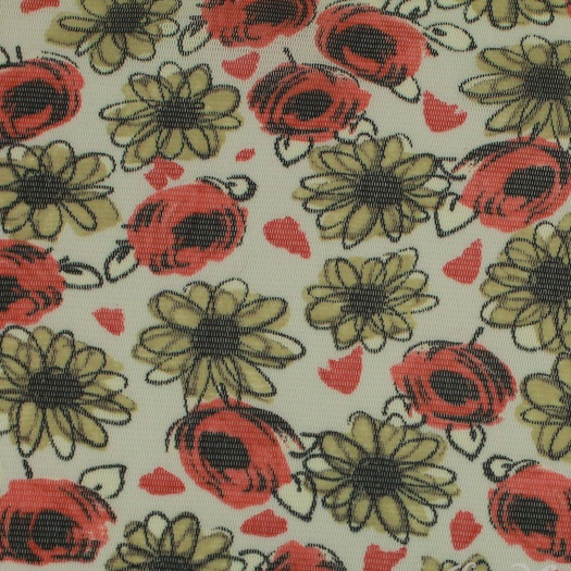 Tulle Stretch Motif Yellow Daisy Flowers Red White