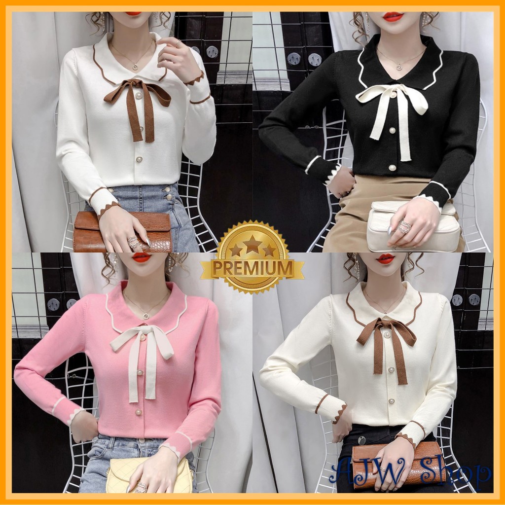 AJW Blouse Wanita Korea Lengan Panjang Rajut Premium XZ | Blouse Korean Style Wanita Rajut Lengan Pa