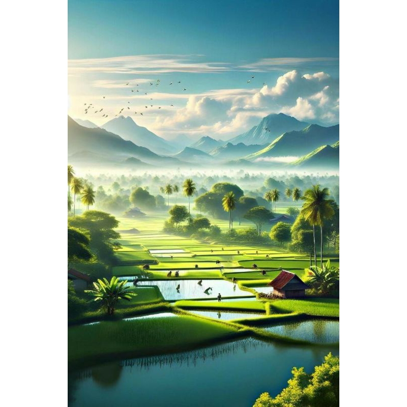 poster cetak, pemandangan pesawahan, hiasan dinding, pemandangan pesawahan,bisa cod