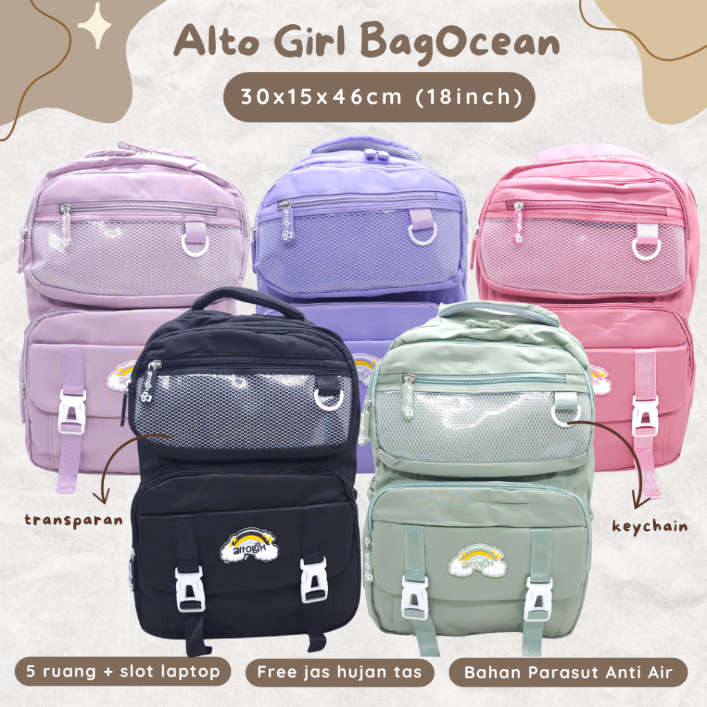 TAS ALTO GIRL RUANG JARING TRANSPARAN POLOS PARASUT ANTI AIR 5 RUANG 18 INCHI ORIGINAL / RANSEL SEKO