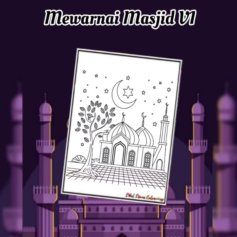 Kertas Mewarnai Gambar Anak Tema Masjid V1 (10 Lembar Gambar) Kertas Gambar Tebal 160 Gsm/ Kertas Me
