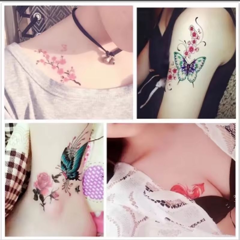 6 Lembar Tato Temporer Tatto Temporary Bunga Kupu Kupu Kecil Lucu Tulisan Aestethic Bahasa Inggris -