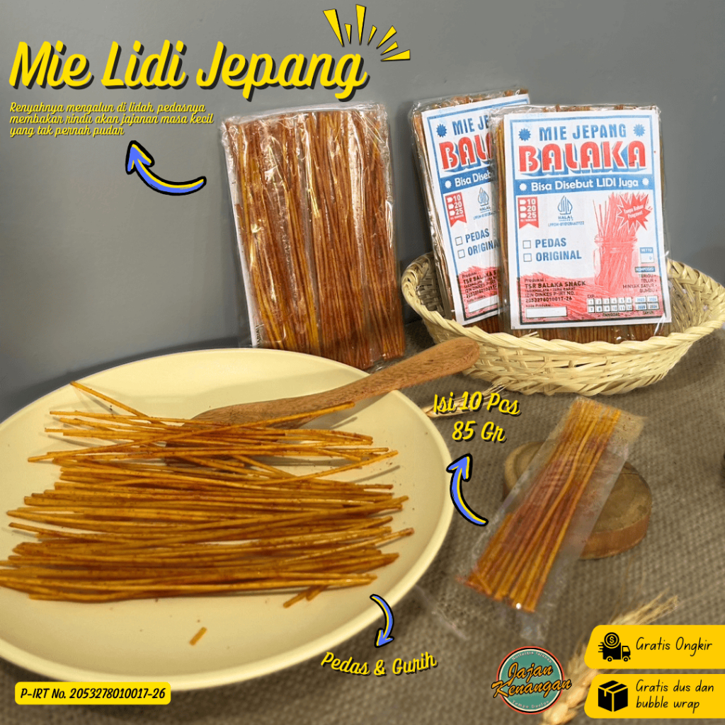 

Mie Lidi Pedas Jepang - Jajanan Renyah Kering, Rasa Pedas yang Otentik - isi 10 Pcs 85 Gram