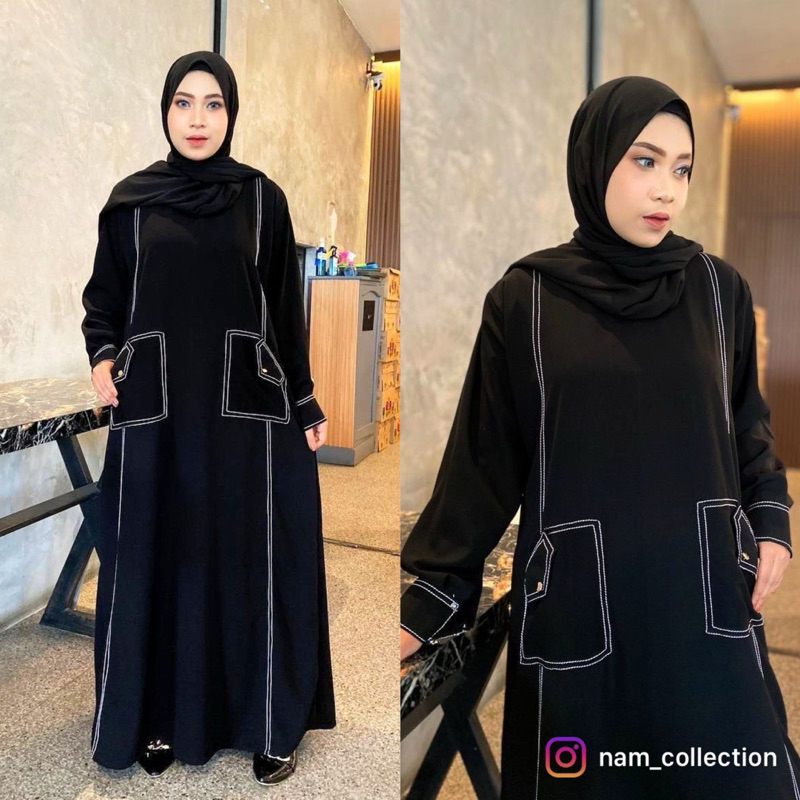 Abaya gamis hitam  jetblack fremium kombi list simple ilegant