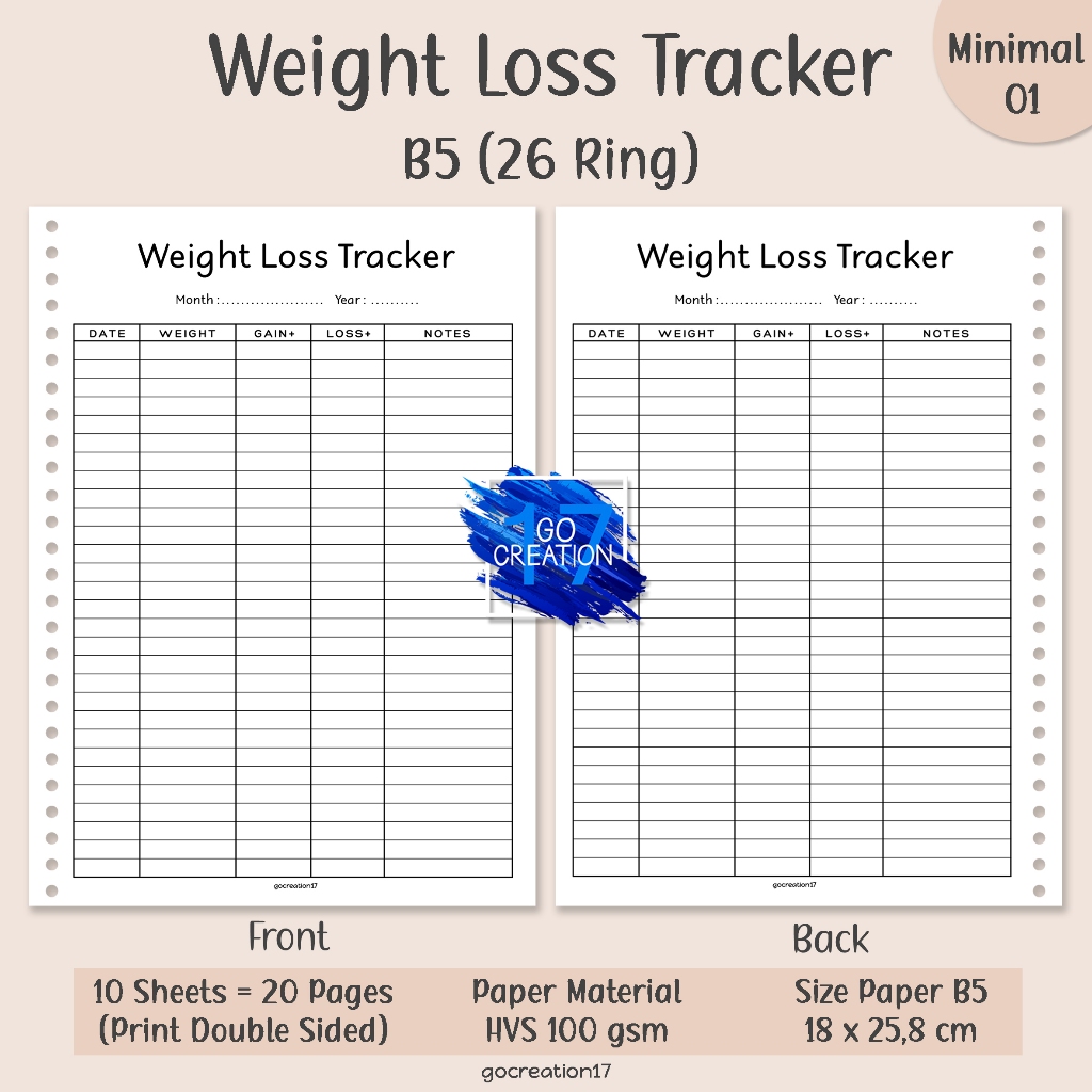 

Buku Planner Kertas Isi Binder Weight loss Tracker Simple Minimalis B5