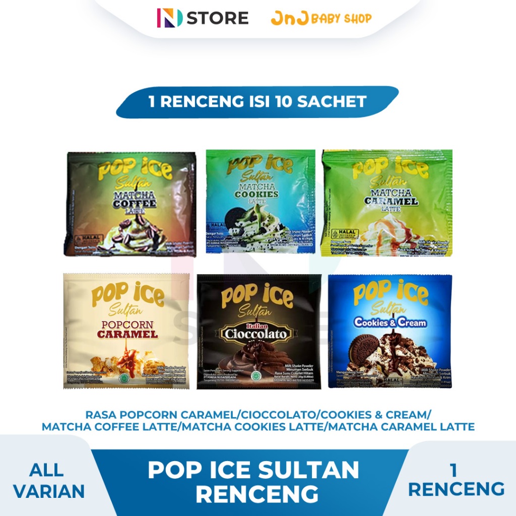 

POP ICE SULTAN RENCENG/RENTENG ISI 10 SACHET POPCORN CARAMEL/CHOCIATO/COOKIES DAN CREAM/MARIE BISCUIT