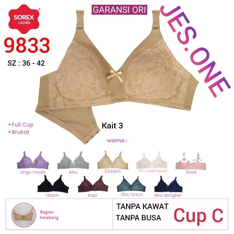 SOREX 9833 Bra BH Renda Brokat Klasik Tanpa Kawat Tanpa Busa Cup C kait 3 sz 36 - 42