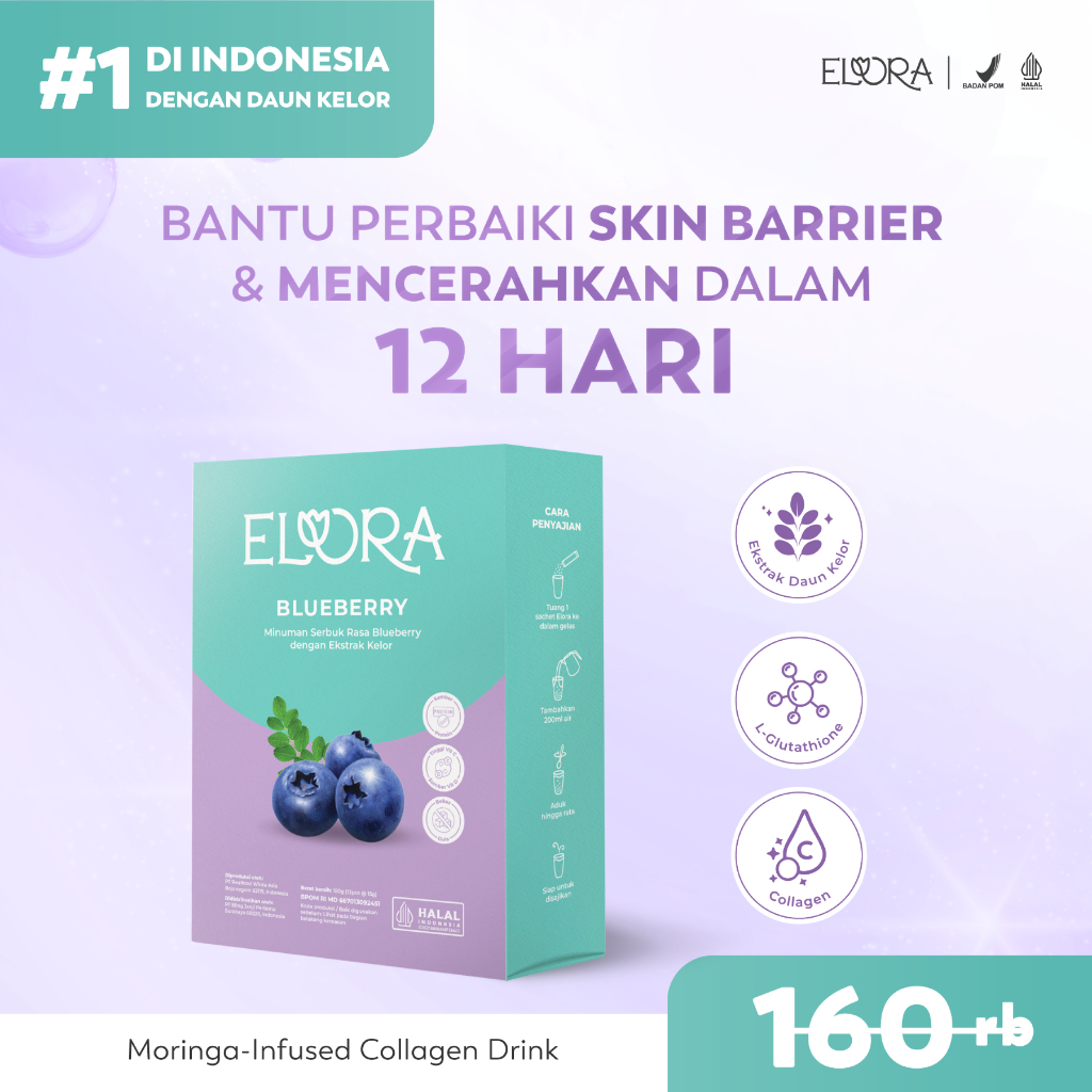 ELORA DAILYGLO Collagen Drink Blueberry - 1 Box (12 Sachet) | Kulit Plumpy & Glowing | Bantu Redakan